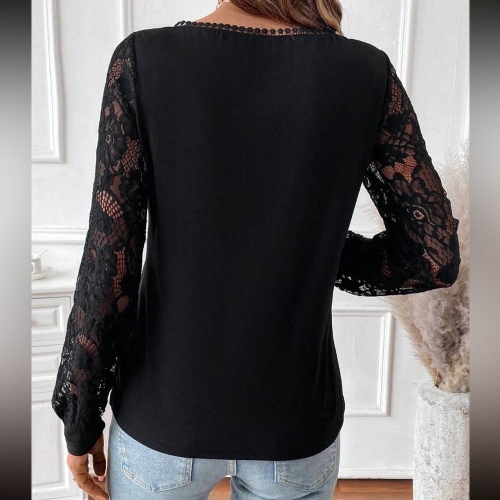 Boho Black Floral Lace Sheer Sleeve Top Minimalist - Picture 2 of 5